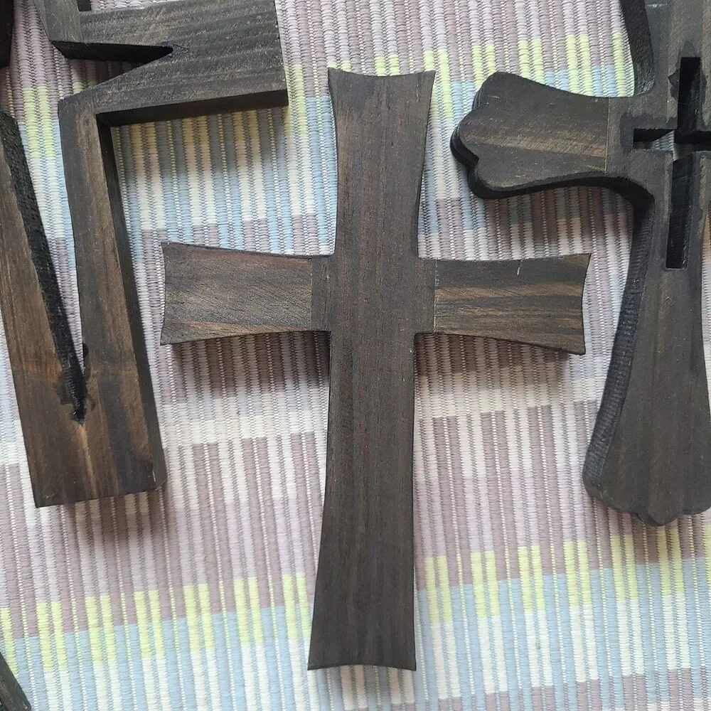 Vintage Rustic Dark Wood Wall Crosses – Set of 4 Handmade Decorative Crosses